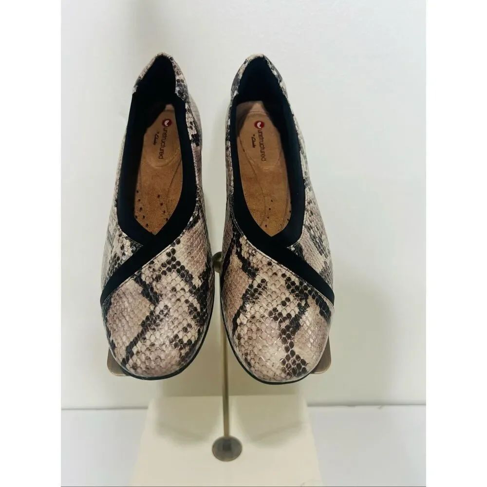 Clarks Unstructured Darcey Ease Ballet Flats SnakeSkin Tan Black 5.5M NEW